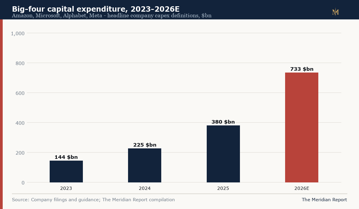Bar chart of combined big-four capital expenditure rising from 144 billion dollars in 2023 to a planned 733 billion in 2026