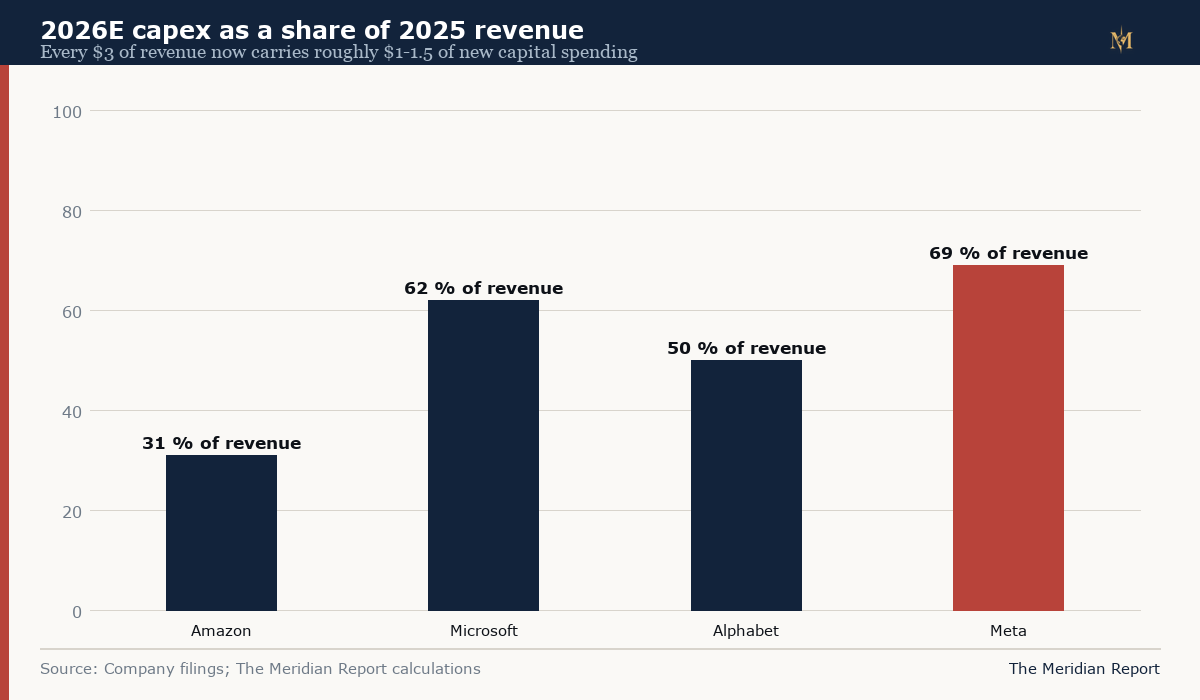 Bar chart comparing 2026 capex to 2025 revenue: Amazon 31 percent, Microsoft 62 percent, Alphabet 50 percent, Meta 69 percent