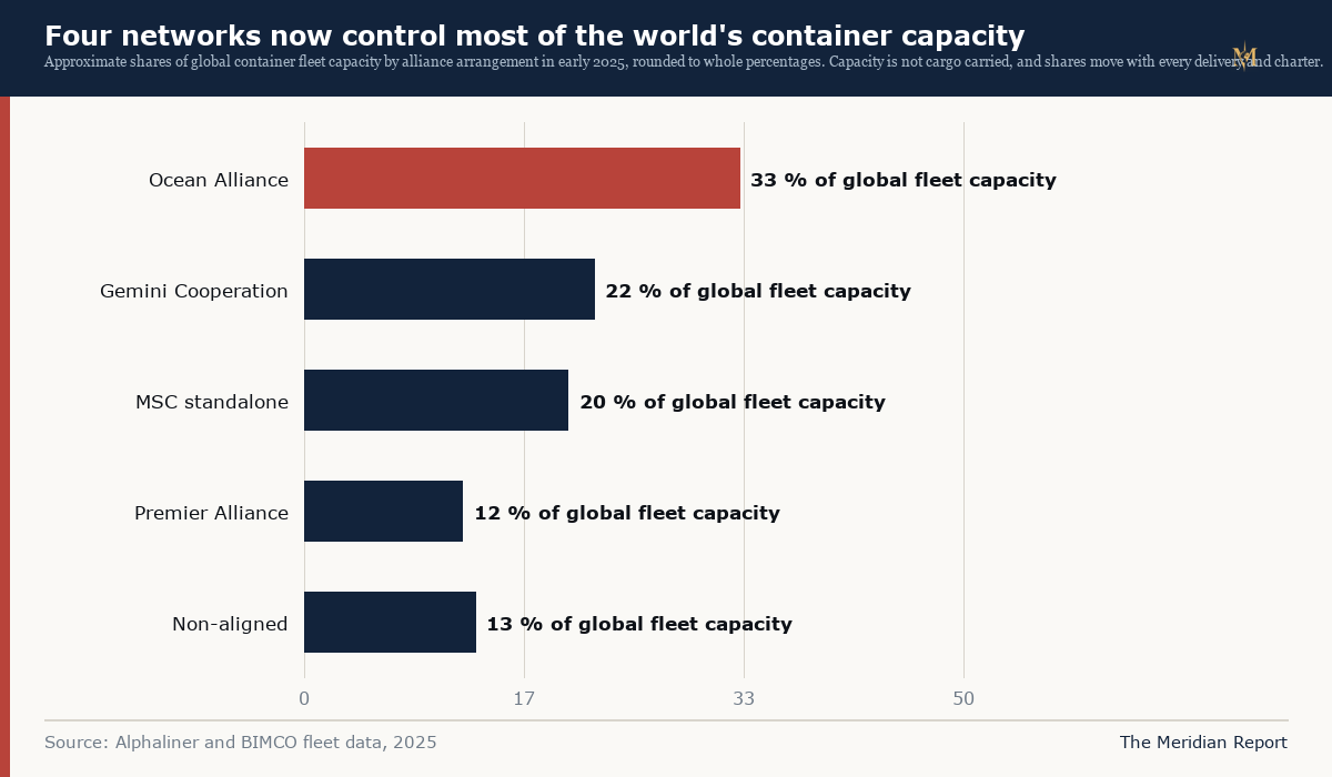 Shares of global container fleet capacity by alliance, early 2025
